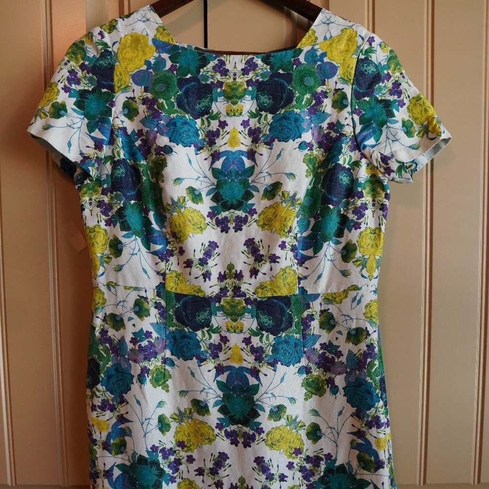 Talbots Floral Print Short Sleeve Linen Blend Sheath Dress Size 8P Blue